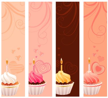 Four banners with sweet small cakes and flourishes clipart