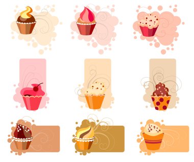 Set of different colorful frames with cupcakes clipart