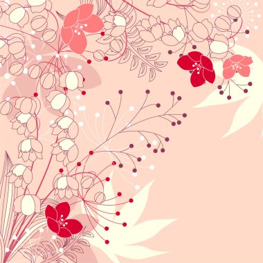 Pink floral background with contour flowers and plants clipart