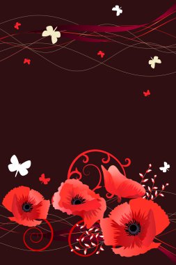 Spring frame with poppies, butterflies and swirls clipart