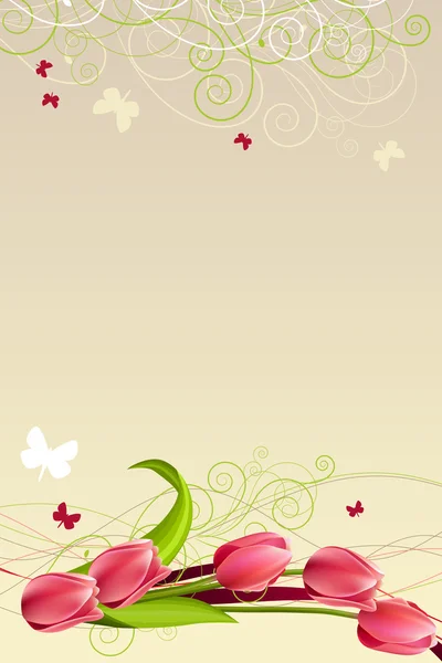Cadre Printemps Avec Tulipes Papillons Tourbillons — Image vectorielle