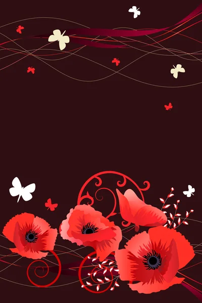 stock vector Spring frame with poppies, butterflies and swirls