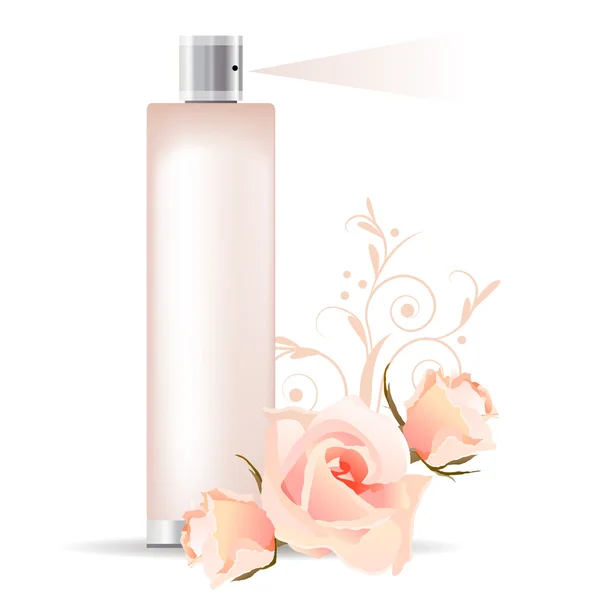 透明的粉色香水容器和三朵玫瑰 — 图库矢量图片