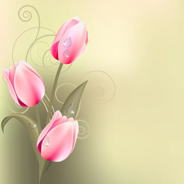 浅绿色背景 粉红色郁金香丛生 — 图库矢量图片
