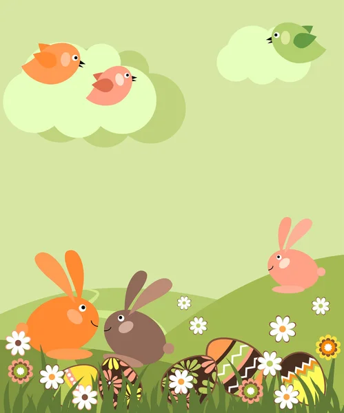 Paisaje Primavera Con Huevos Conejos — Vector de stock