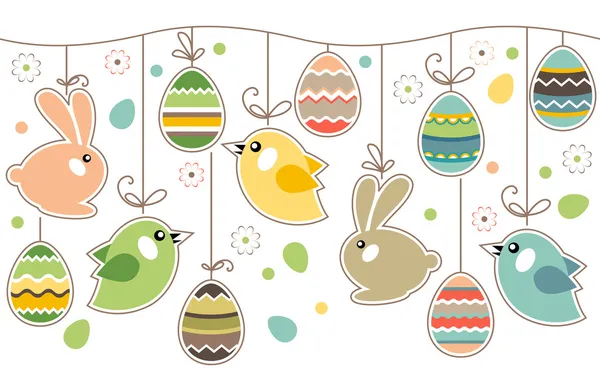 Borde Primavera Sin Fisuras Con Huevos Pascua Aves Conejos — Vector de stock