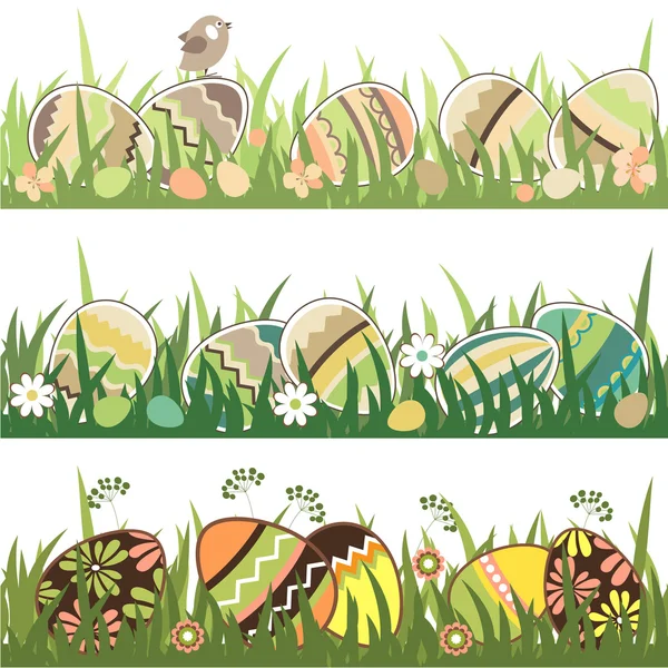 草と卵とシームレスなイースターの罫線のセット — ストックベクタ