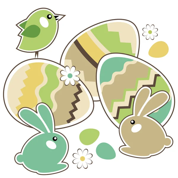 Borde Primavera Sin Fisuras Con Huevos Pascua Aves Conejos — Vector de stock