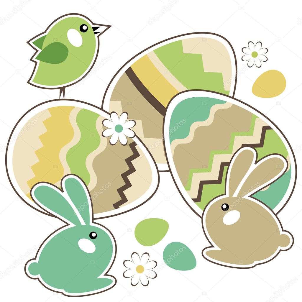 Seamless spring border with easter eggs,birds and rabbits
