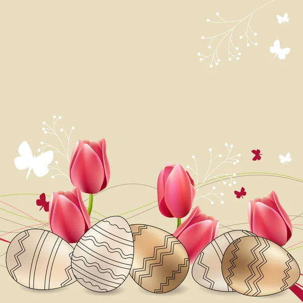 Greeting card with eggs and tulips — Stock Vector