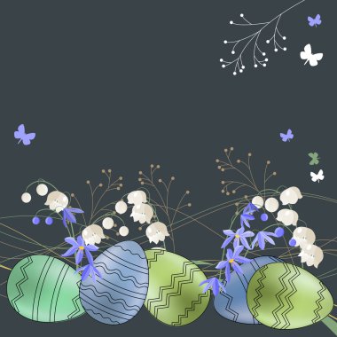 Greeting card with eggs and spring flowers clipart