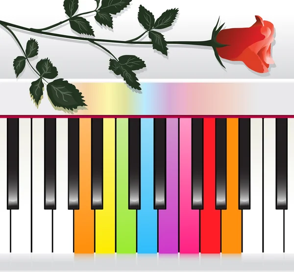Klavier mit bunten Tasten und roter Rose — Stockvektor