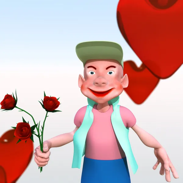 Cartoon Character Looks Camera Keep Flower — Stock Photo, Image