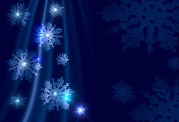 Jul bakgrund - silvriga snöflingor på blå bakgrund — Stockfoto