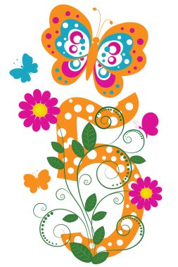 Digit 5 with butterflies and flowers