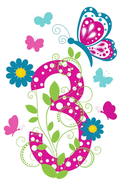 Dígitos 3 con mariposas y flores — Vector de stock