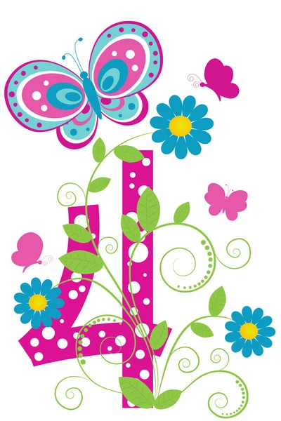 Ψηφίο 4 με πεταλούδες και λουλούδια — Διανυσματικό Αρχείο