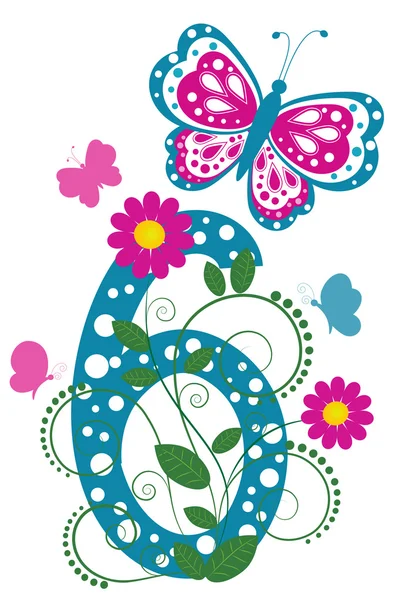 Ziffer 6 mit Schmetterlingen und Blumen — Stockvektor