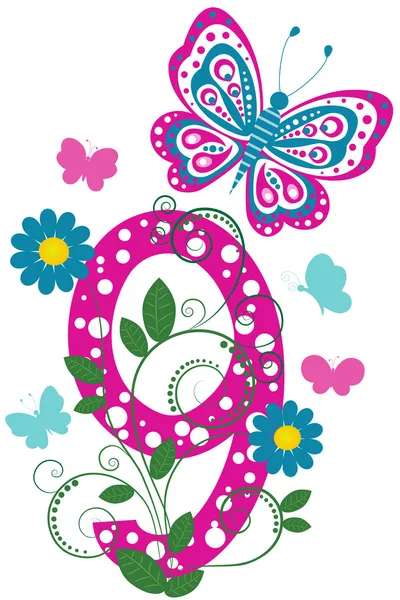 Dígito 9 con mariposas y flores — Archivo Imágenes Vectoriales
