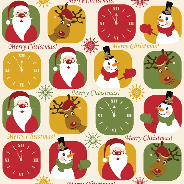 Vánoční vzor s hodinami, santa, jeleny a sněhulák — Stockový vektor
