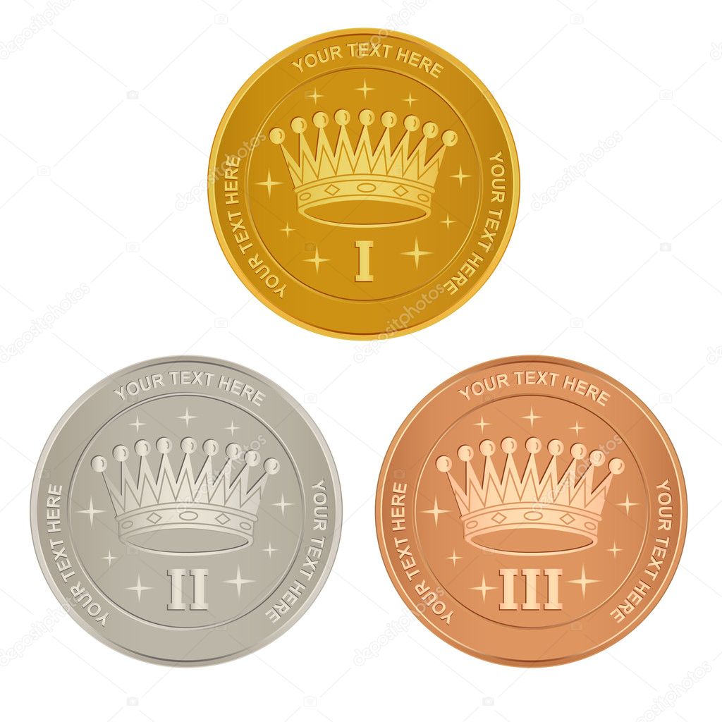 Set of gold, silver and bronze awards with a crown