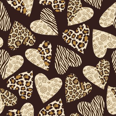 Seamless background with hearts with animal skin pattern clipart