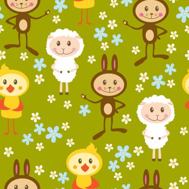 Seamless pattern with lamb, rabbits and chickens clipart