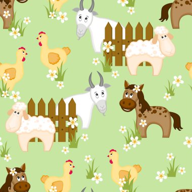 Village style seamless pattern with goats, horses and chickens clipart