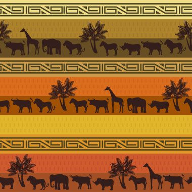 African style background with wild animals and abstract signs clipart