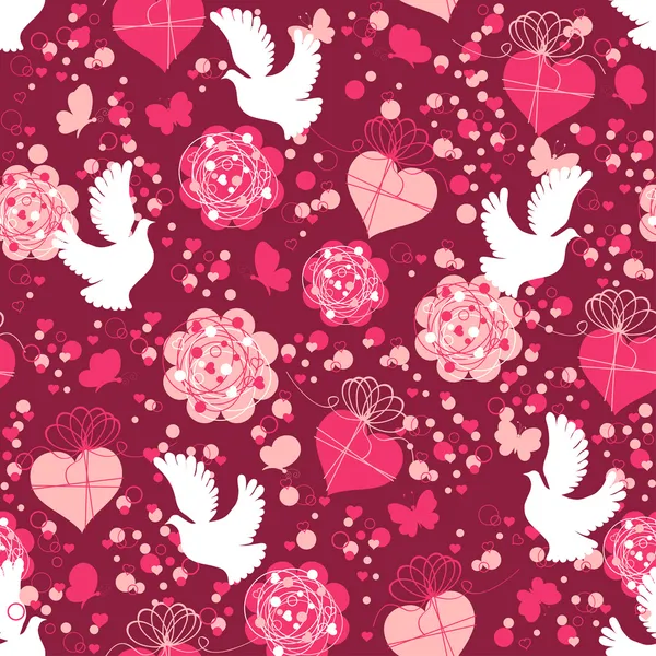 Sevgililer günü kalpleri ve güvercinler ile seamless modeli — Stok Vektör