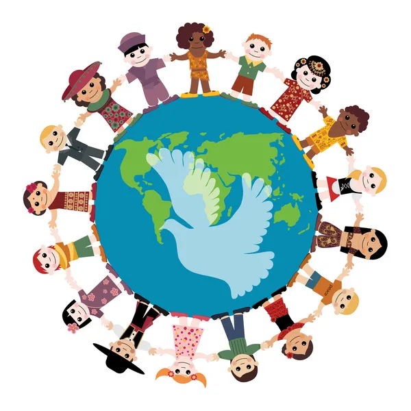 Des enfants heureux se tenant la main autour du globe — Image vectorielle