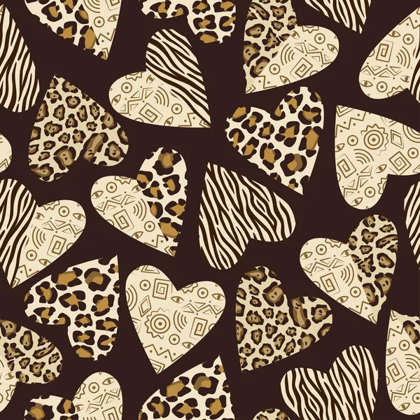 Seamless background with hearts with animal skin pattern Stock Vector