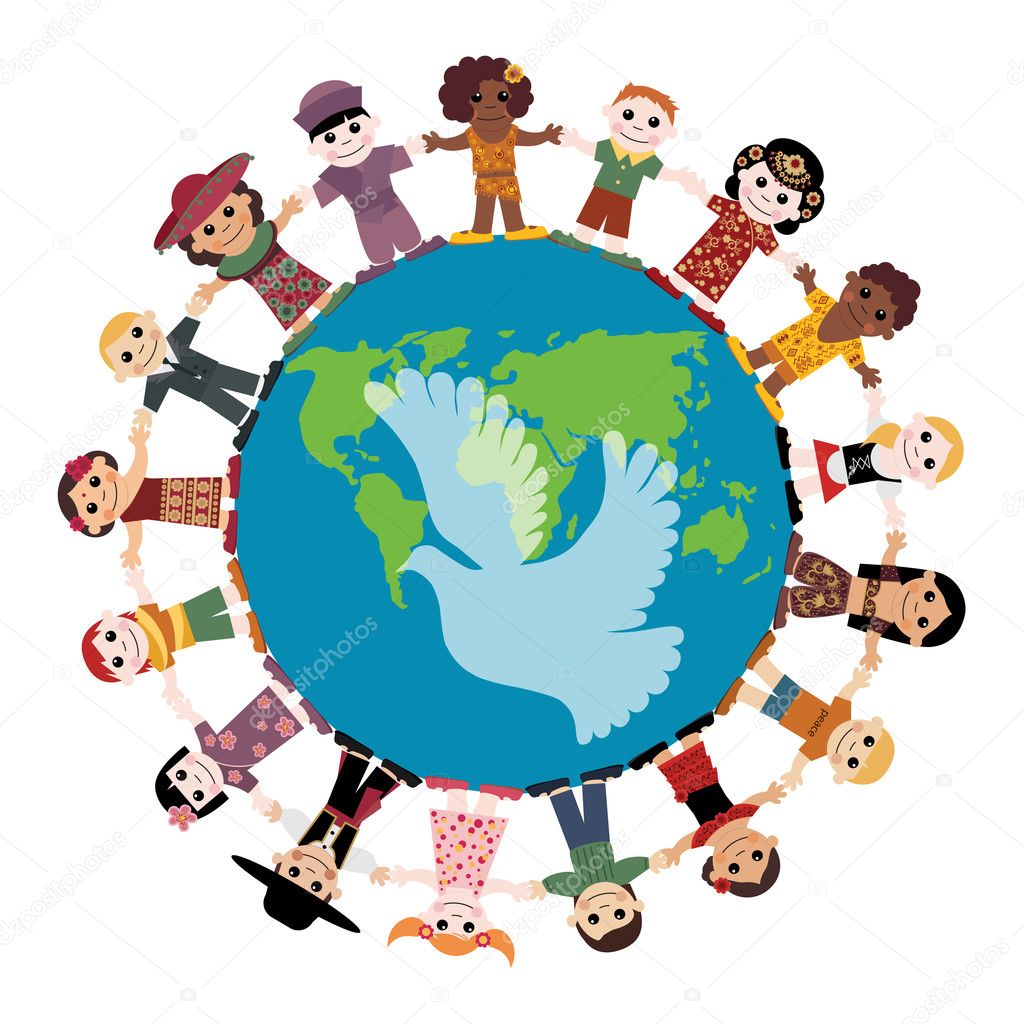 Happy children holding hands around the globe