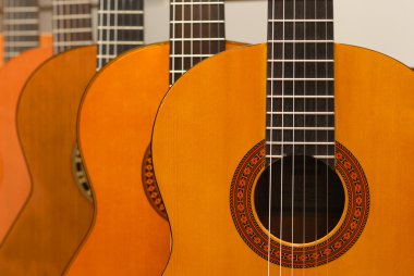 Row of classical acoustic guitars in musical store. Close-up vie clipart