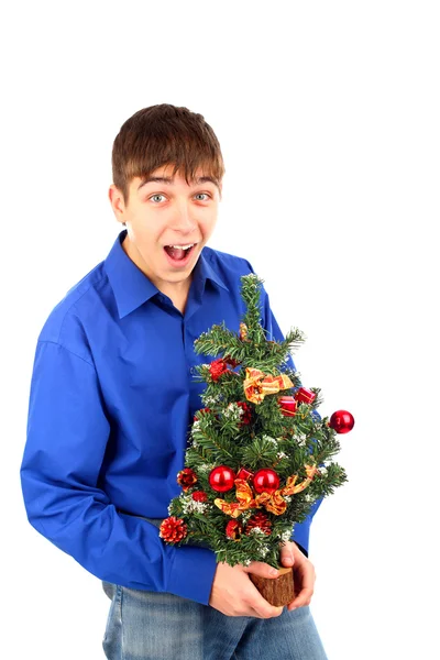 Teenager with christmas tree Stock Image