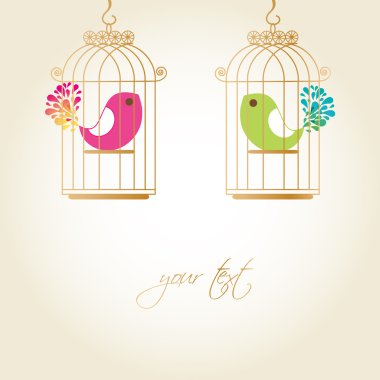 Cute birds in golden cages clipart