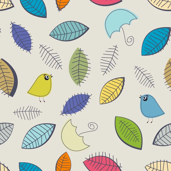 Modèle sans couture avec des oiseaux et des feuilles mignons — Image vectorielle