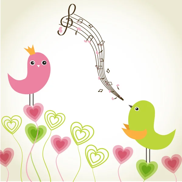 Biglietto di auguri con simpatici uccelli coppia innamorata — Vettoriale Stock