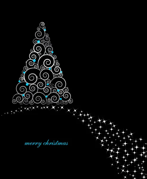 Weihnachtskarte mit Weihnachtsbaum auf schwarzem Hintergrund — Stockvektor