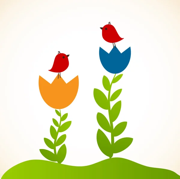 Illustration von zwei niedlichen Vögeln auf den Blumen — Stockvektor