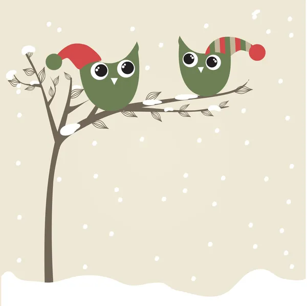 Gufi coppia in cappelli di Natale sul ramo dell'albero. Biglietto di auguri vacanze — Vettoriale Stock
