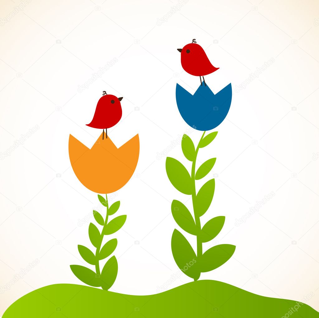 Illustration of two cute birds on the flowers