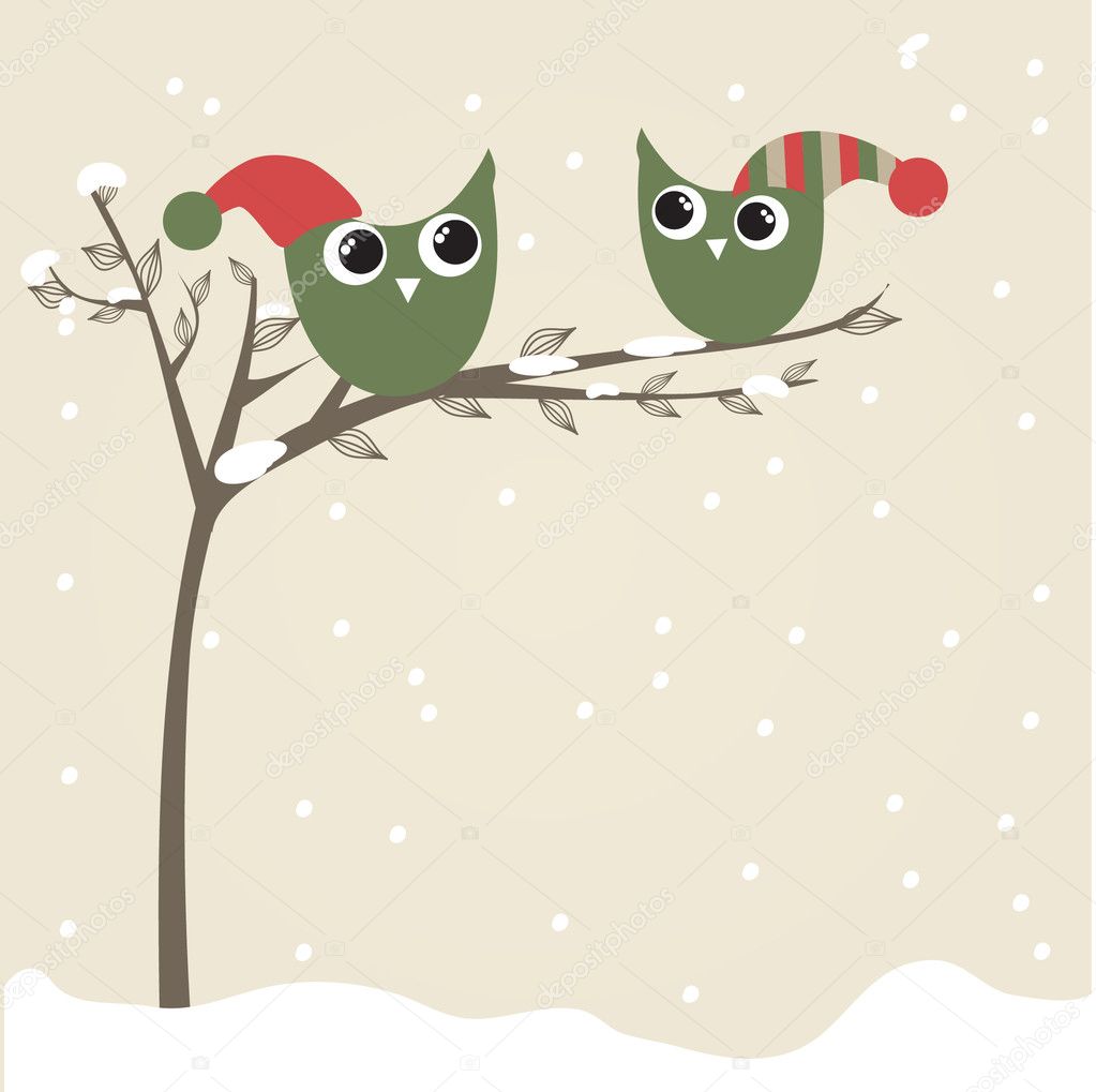 Owls couple in christmas hats on the tree branch. Holiday greetings card
