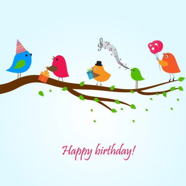 Birthday card with cute birds with flowers and gifts
