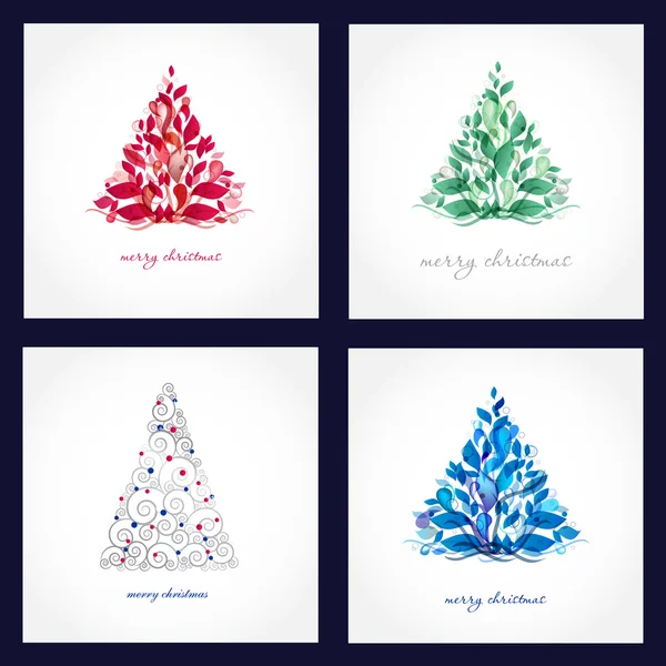 Σύνολο τέσσερις όμορφες Χριστουγεννιάτικες κάρτες με αφηρημένες δέντρα. — Διανυσματικό Αρχείο