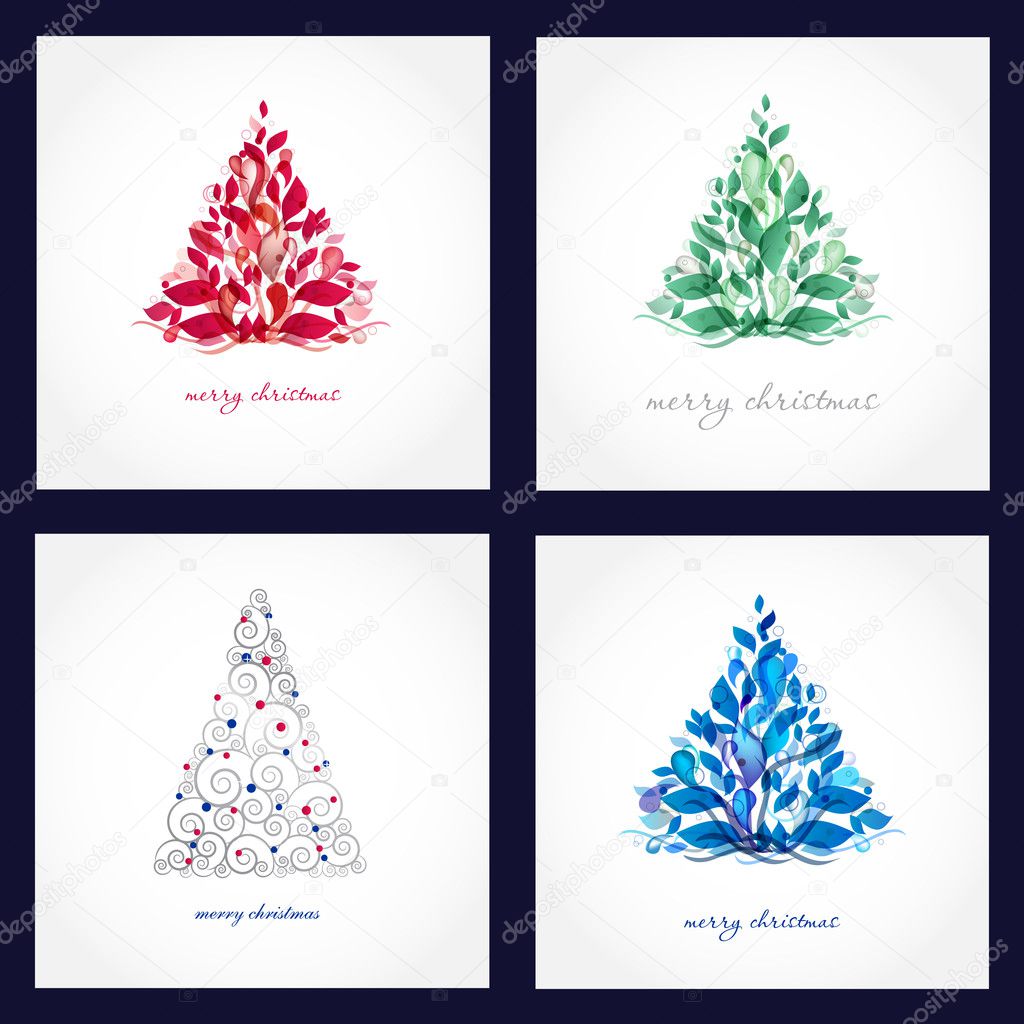 Set of four beautiful christmas cards with abstract trees.