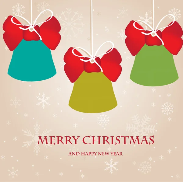 Weihnachtskarte mit Glocken und roten Schleifen — Stockvektor