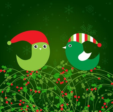 Birds couple on the holly berry branch. Holiday greetings card clipart