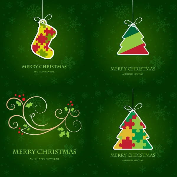 Tarjeta de Navidad con árbol bolas de oro conjunto — Vector de stock