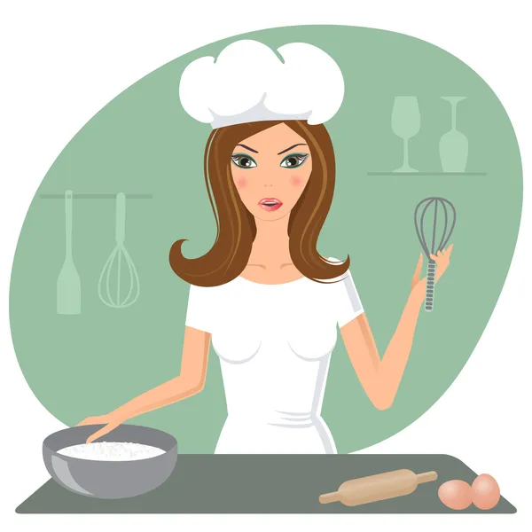 Beautiful Housewife Cooking Omelet — Stock Vector